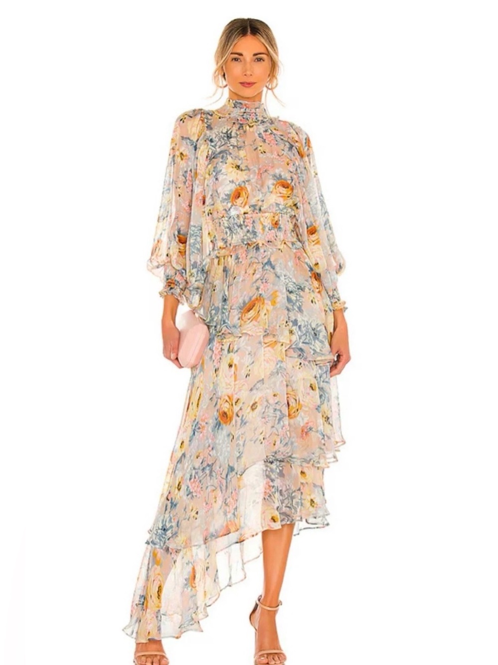 Elliatt Astrid Dress Floral Tiered High-Neck Asymmetric Maxi Pink Sz Xs